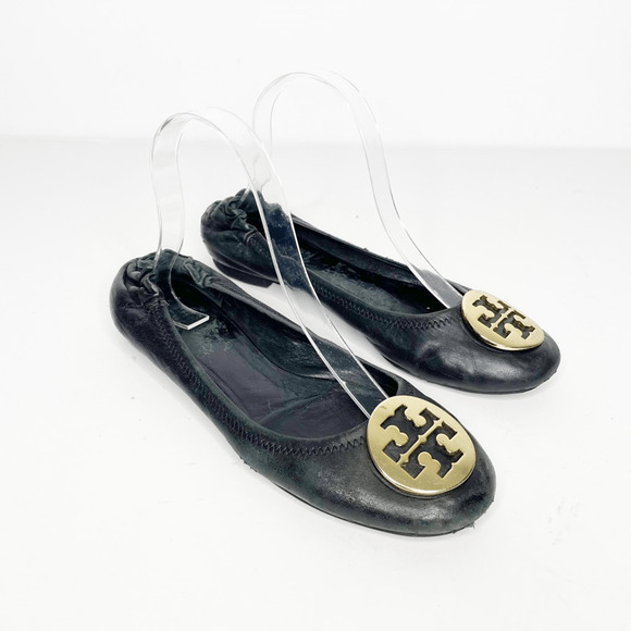 Tory Burch Reva Ballet Flat Black Nappa leather gold medallion logo womens 8 - Picture 1 of 9